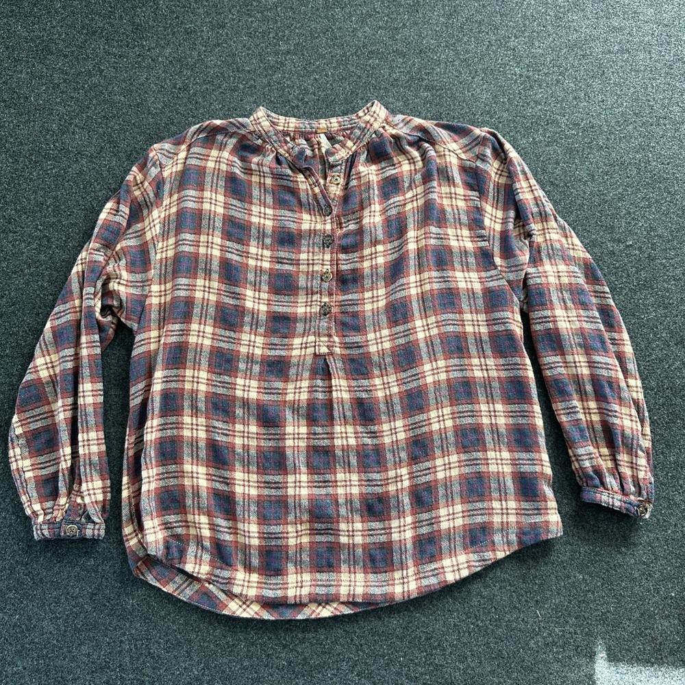 Free People Plaid Henley Top Burgundy Navy Oversized Long Sleeve Blouse Small